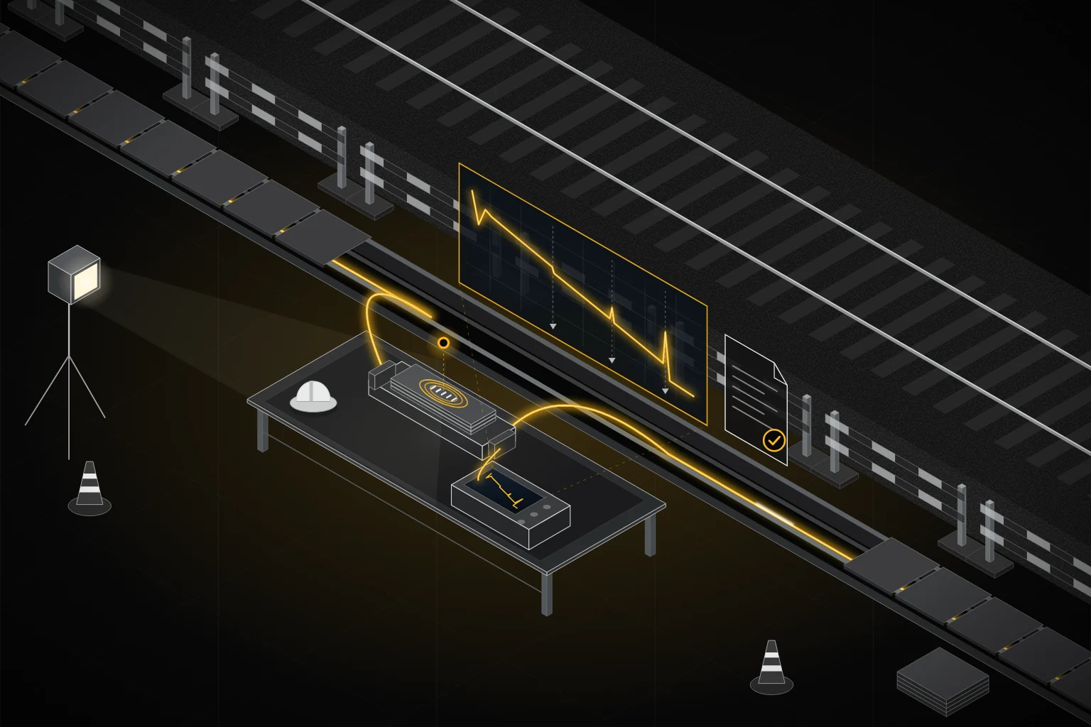 OTDR-meting van een glasvezelverbinding aan een geopende lasmof naast het spoor